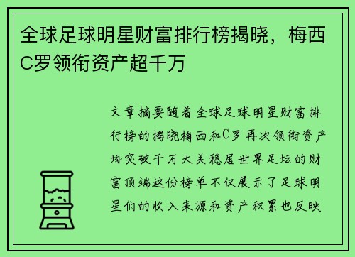 全球足球明星财富排行榜揭晓，梅西C罗领衔资产超千万